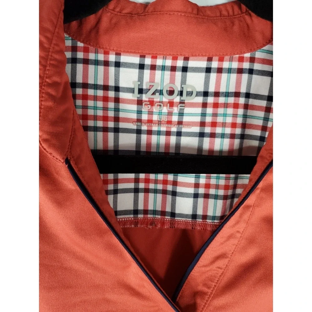 IZOD Golf Womens L Sleeveless Polo Shirt Plaid Trim V Neck Performance‎ Orange